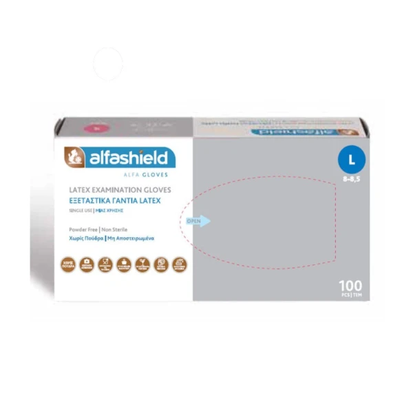 ALFASHIELD - Εξεταστικά Γάντια Latex χωρίς πούδρα L - 100τεμ.